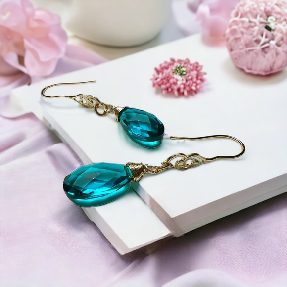 Paraiba Teal Tourmaline Earrings 14K Yellow Gold Vermeil , October Birthstone - Picture 7 of 7